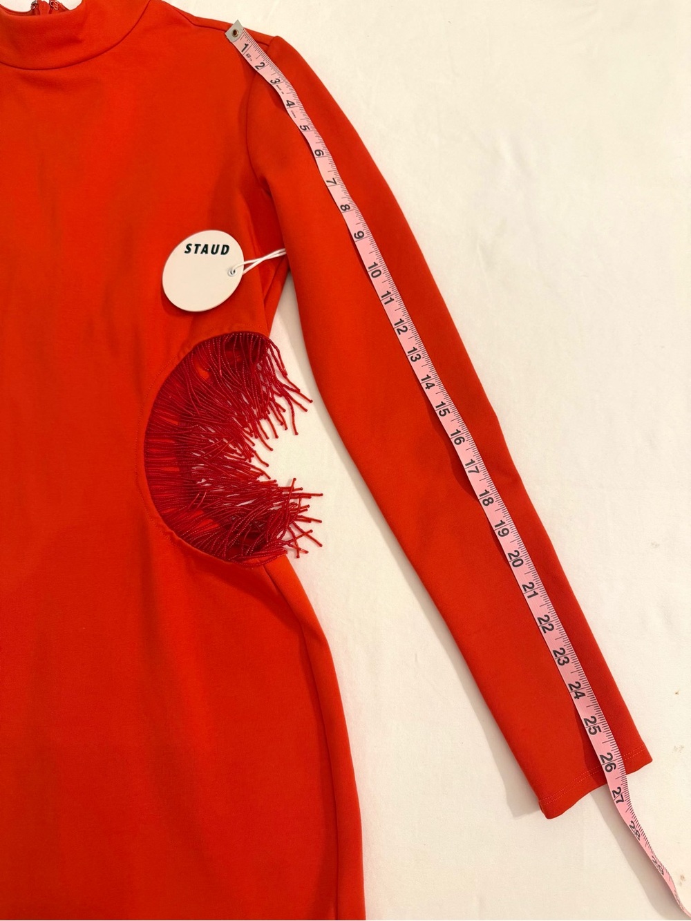 STAUD Mini Kirsten Dress in Fire Red Long-Sleeve with Fringe Cutouts Size Small - Picture 7 of 15